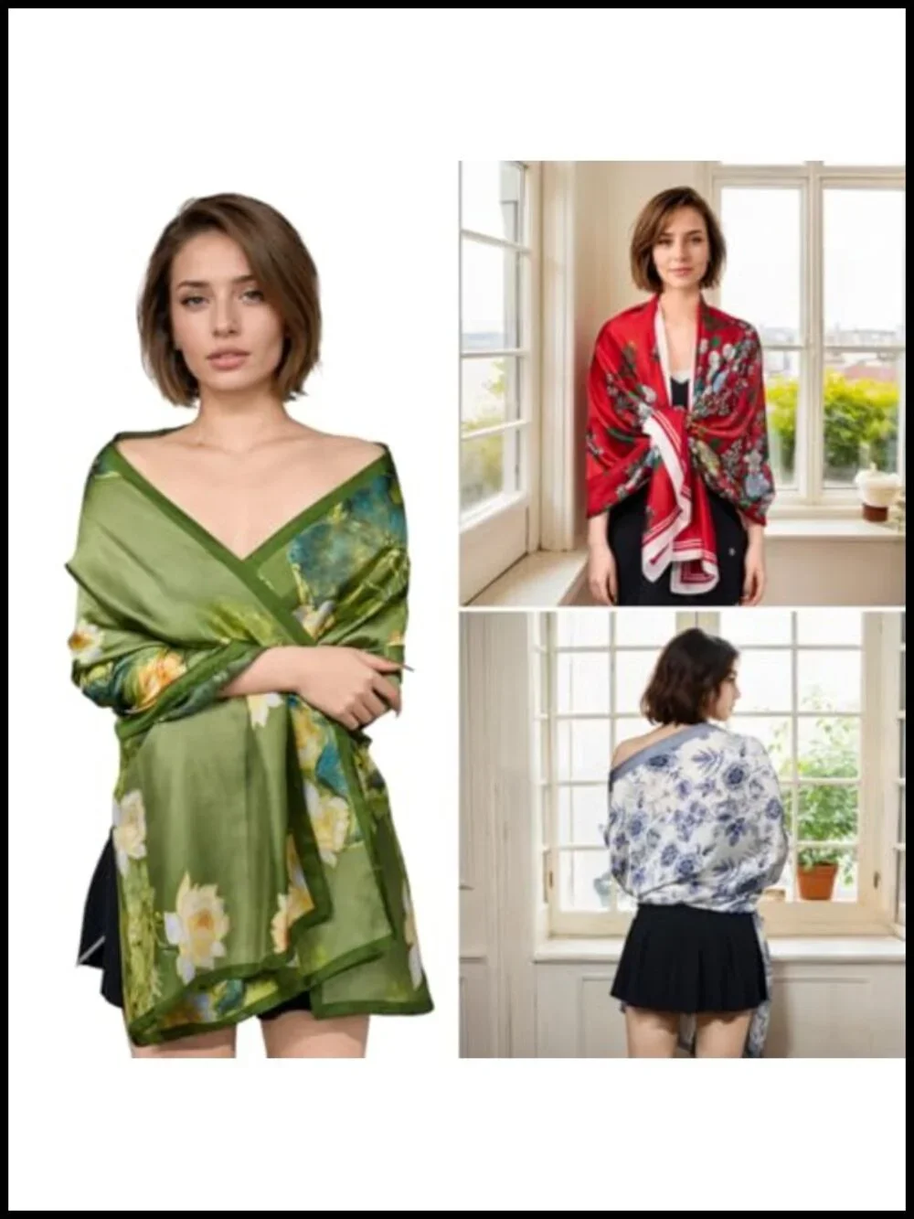 Lightweight Long Floral Satin Scarf Shawl Wrap for Women